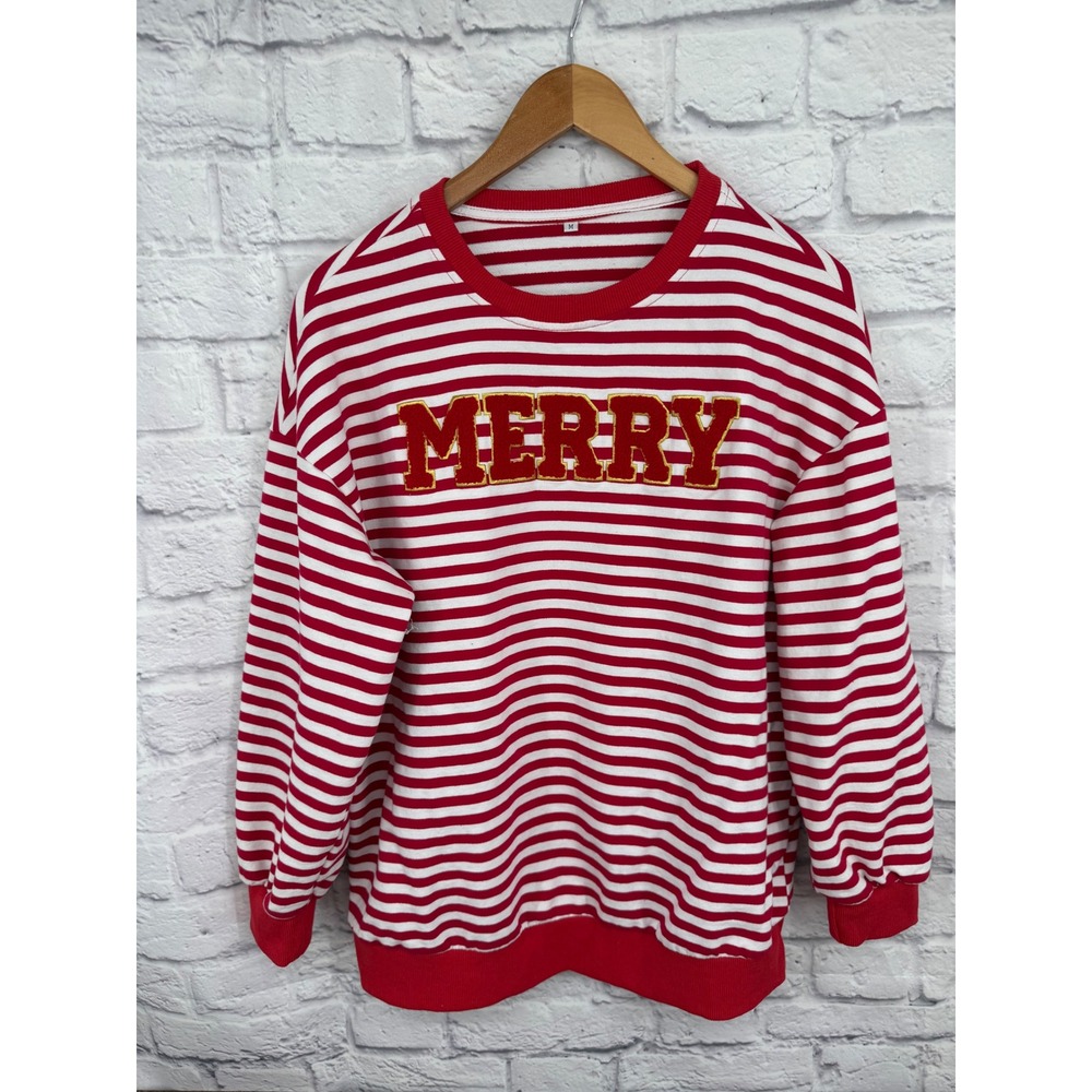 Merry Christmas Sweatshirt Womens Medium Red White Striped French Terry Pullover
